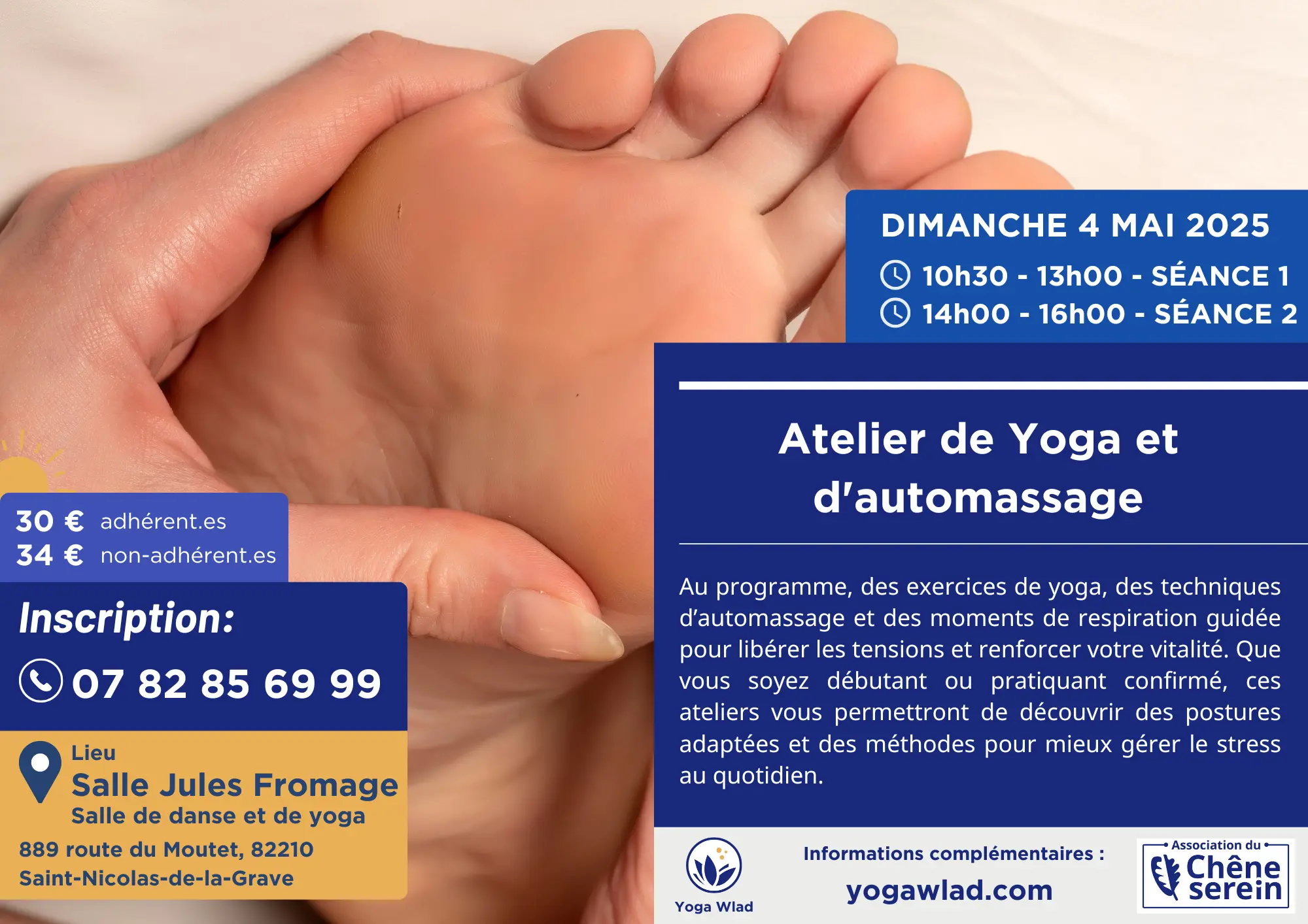 Yoga et Automassage, le dimanche 4 mai 2025. Organisée en deux sessions – de 10h30 à 13h00 et de 14h00 à 16h00, Tarif: 34 € par personne, 30 € pour les adhérent.es, inscription: tel:+33782856999, Lieu: Salle Jules Fromage, Salle de danse et de yoga, 889 route du Moutet, 82210 Saint-Nicolas-de-la-Grave