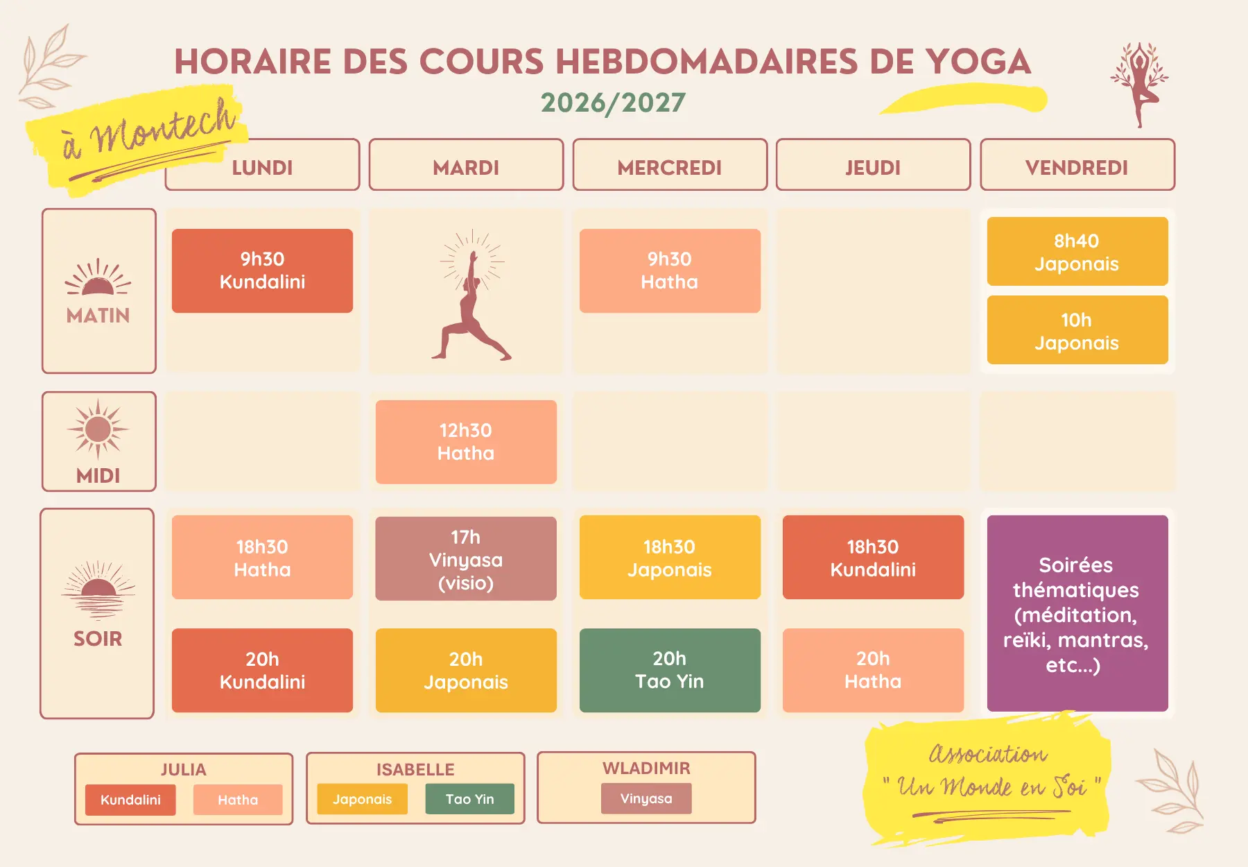 Horaires des cours collectifs de yoga pour la saison 2026–2027
